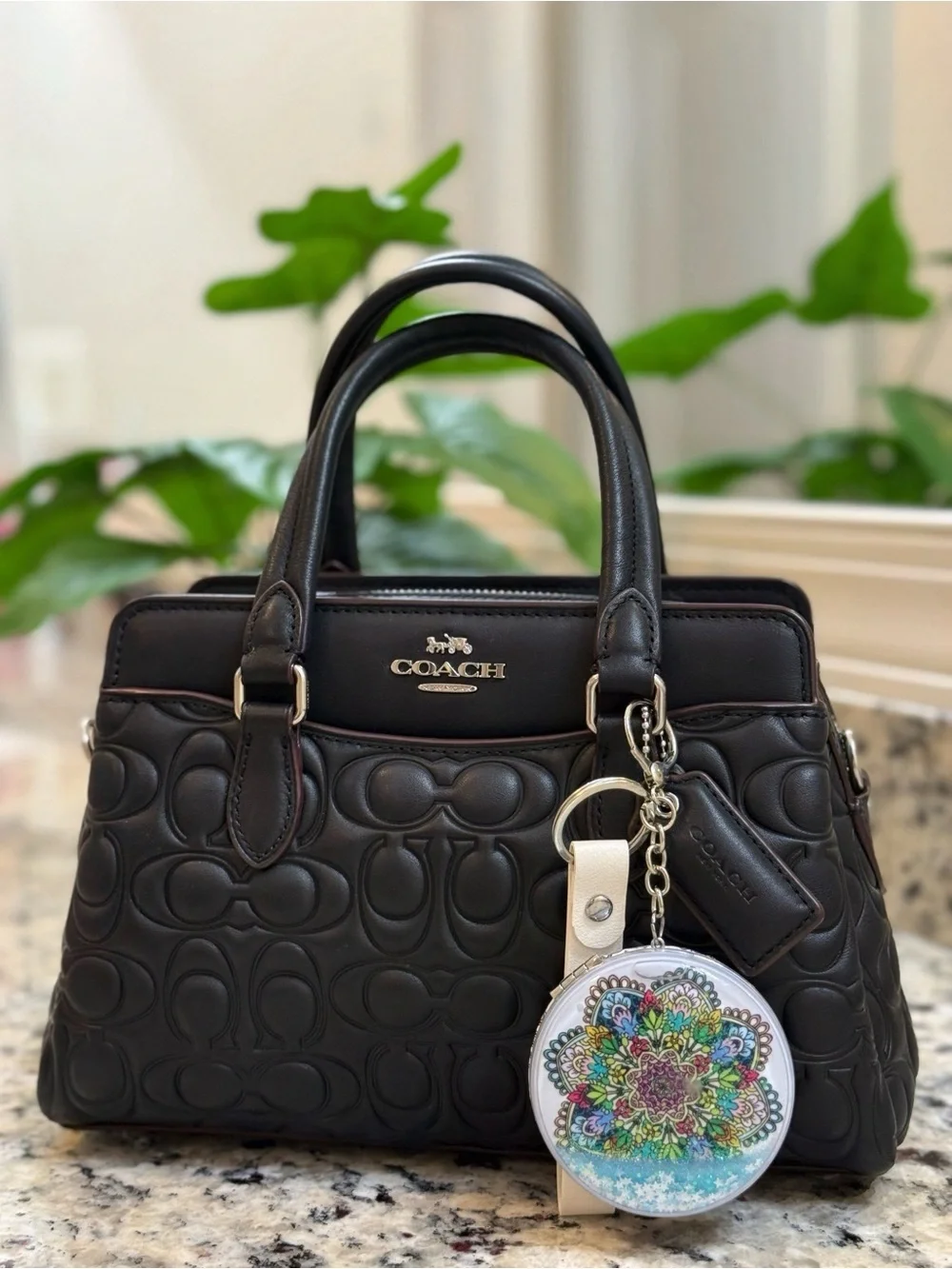 Floral Mandala Pocket Mirror Keychain with White Strap